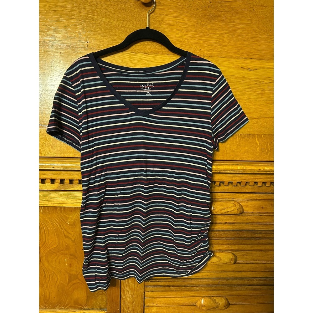 Isabel Preppy Elevated Maternity V-Neck Striped Ruched‎ Side T-Shirt Nautical